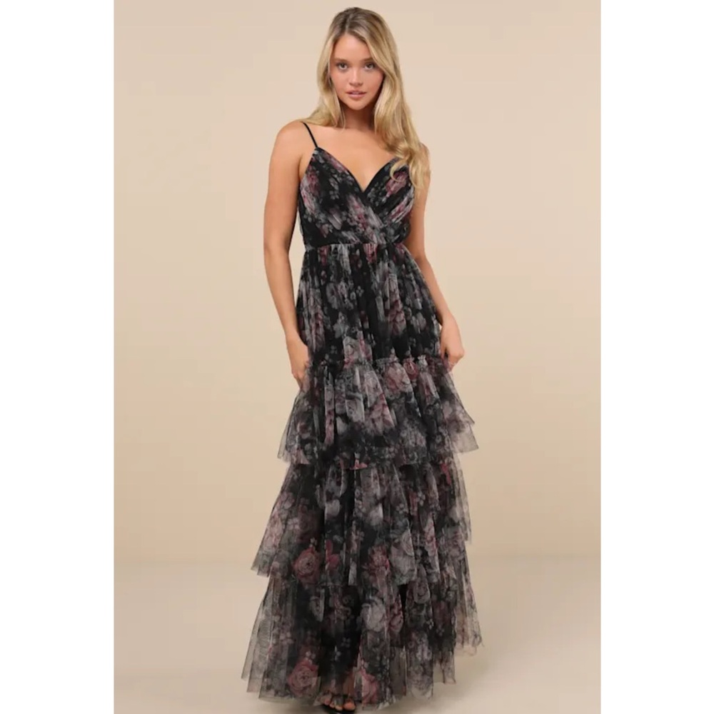 Lulu's Black Floral Tiered Tulle Maxi Dress